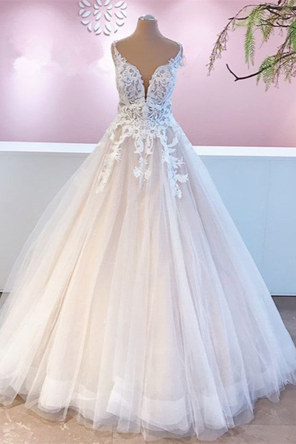 Elegant Long A-Line Appliques Lace Tulle Sweetheart Backless Wedding Dress-showprettydress
