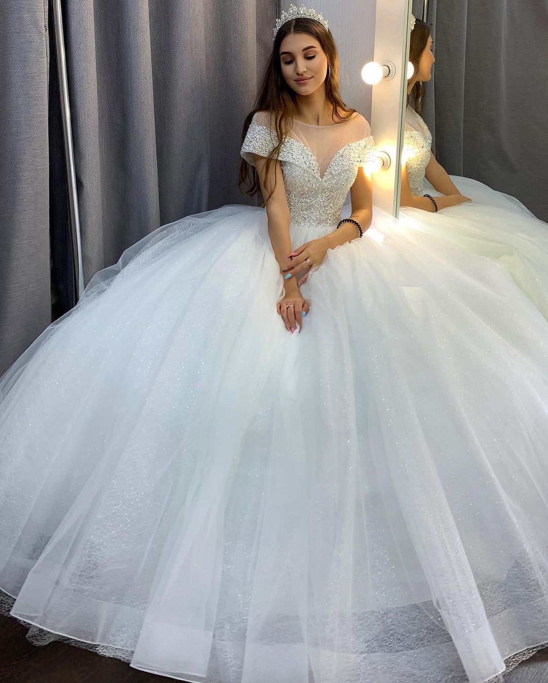 Elegant Long A-Line Bateau Sequins Crystal Tulle Train Wedding Dress with Sleeves-showprettydress