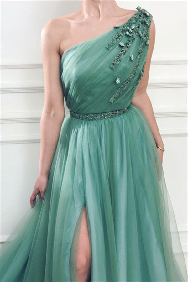 Elegant Long A-Line One Shoulder Side-Slit Sleeveless Tulle Prom Dresses with Slit-showprettydress