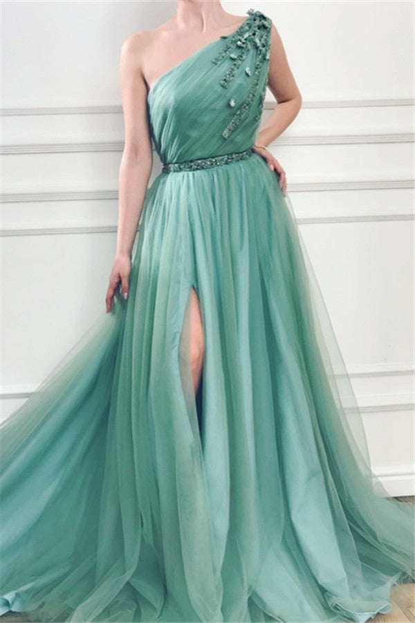 Elegant Long A-Line One Shoulder Side-Slit Sleeveless Tulle Prom Dresses with Slit-showprettydress