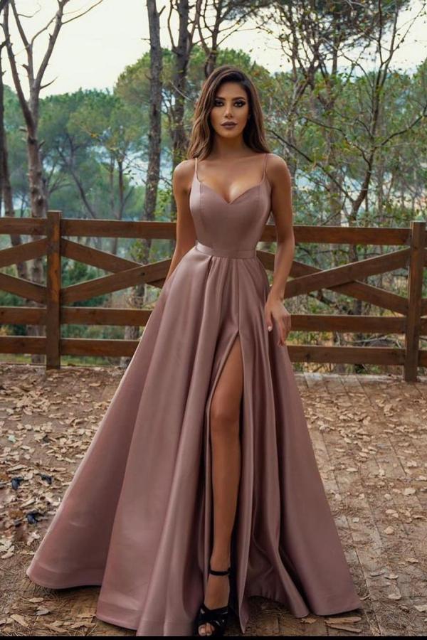 Elegant Long A-line Spaghetti-Straps V-Neck Formal Prom Dress With Split-showprettydress