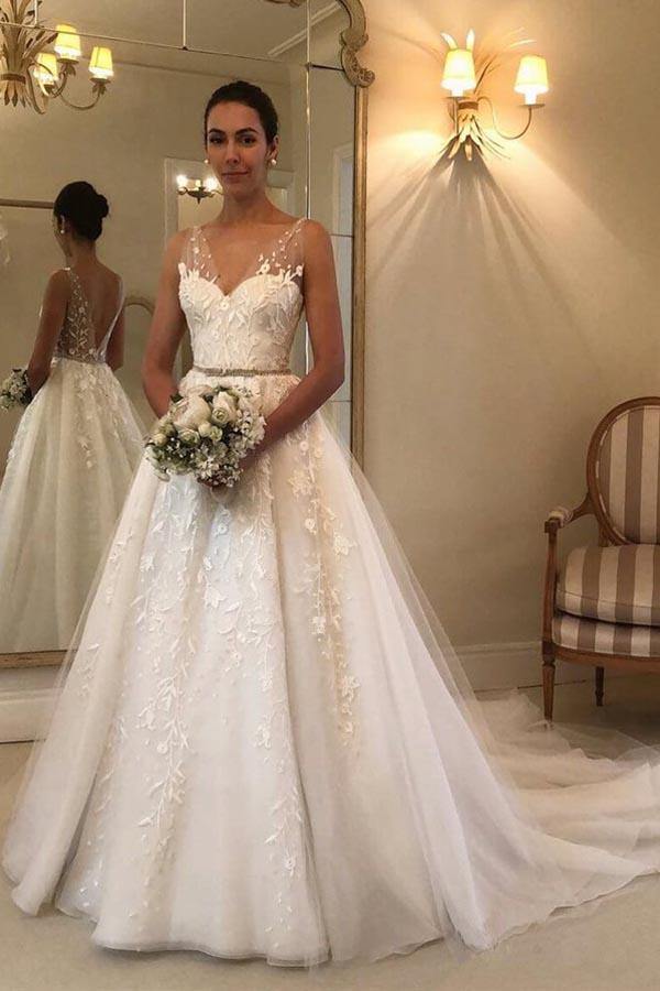Elegant Long A-line Sweetheart Tulle Open Back Wedding Dress-showprettydress