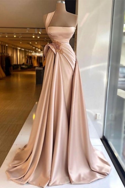 Elegant Long Champagne High Split Prom Dress-showprettydress