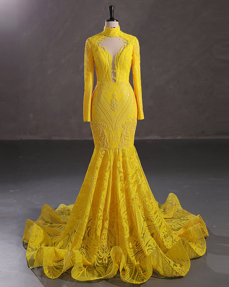 Elegant Long Mermaid High Neck Lace Sequined Evening Prom Dress with Sleeves-showprettydress