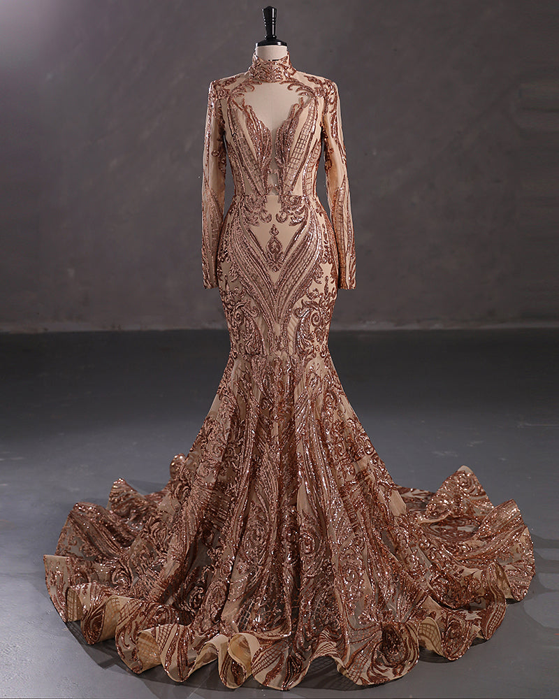 Elegant Long Mermaid High Neck Lace Sequined Evening Prom Dress with Sleeves-showprettydress