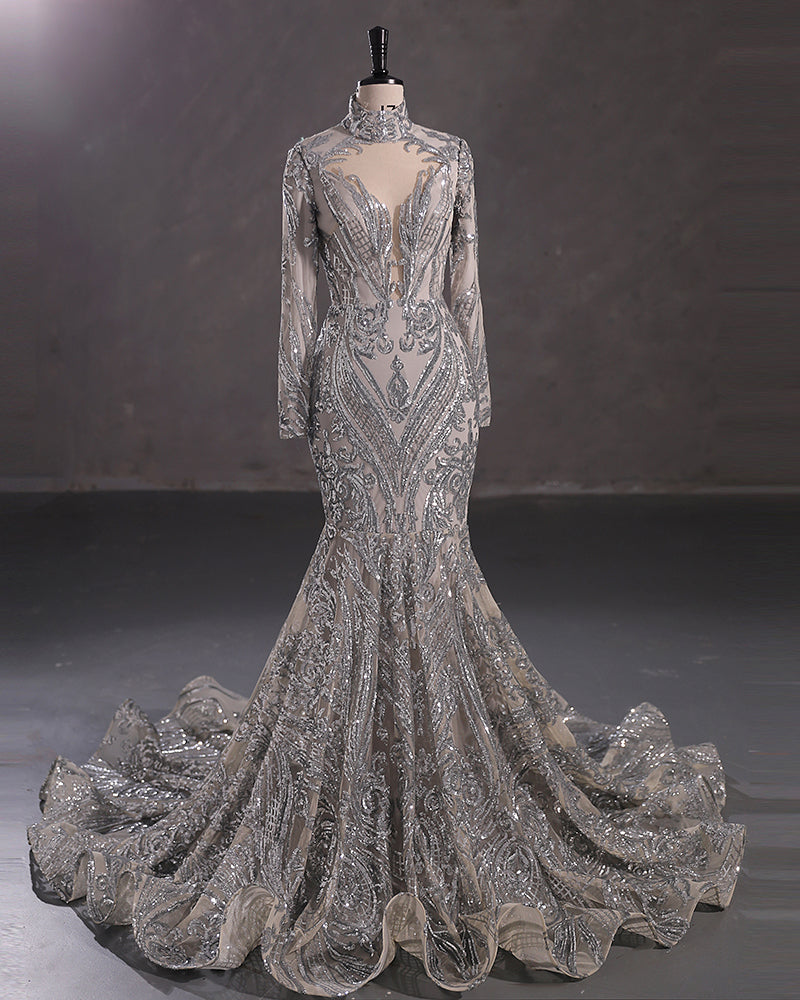 Elegant Long Mermaid High Neck Lace Sequined Evening Prom Dress with Sleeves-showprettydress