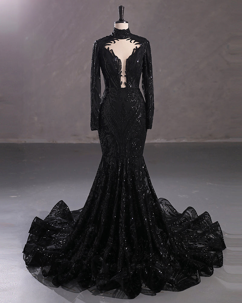 Elegant Long Mermaid High Neck Lace Sequined Evening Prom Dress with Sleeves-showprettydress