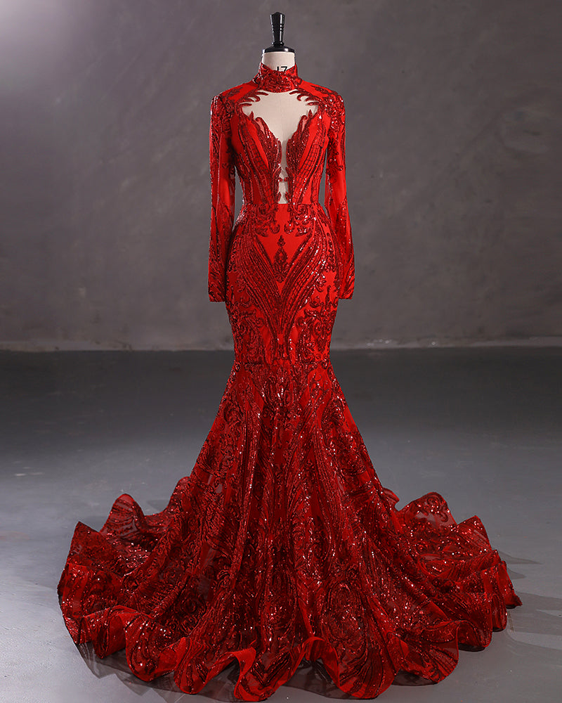 Elegant Long Mermaid High Neck Lace Sequined Evening Prom Dress with Sleeves-showprettydress