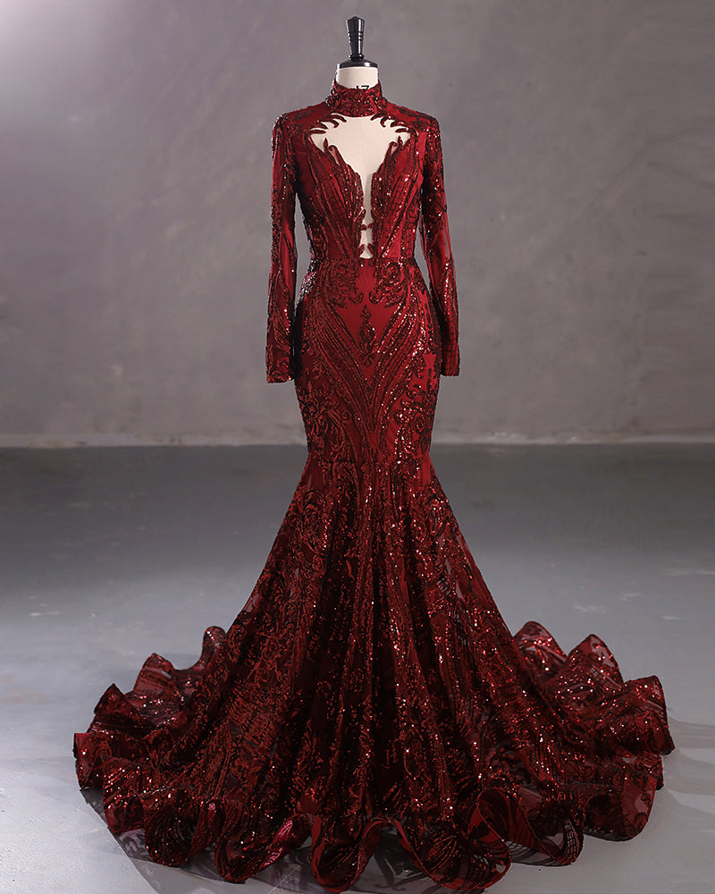 Elegant Long Mermaid High Neck Lace Sequined Evening Prom Dress with Sleeves-showprettydress