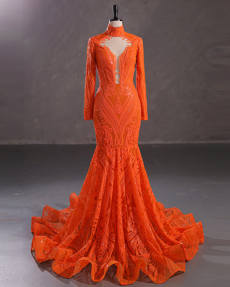 Elegant Long Mermaid High Neck Lace Sequined Evening Prom Dress with Sleeves-showprettydress