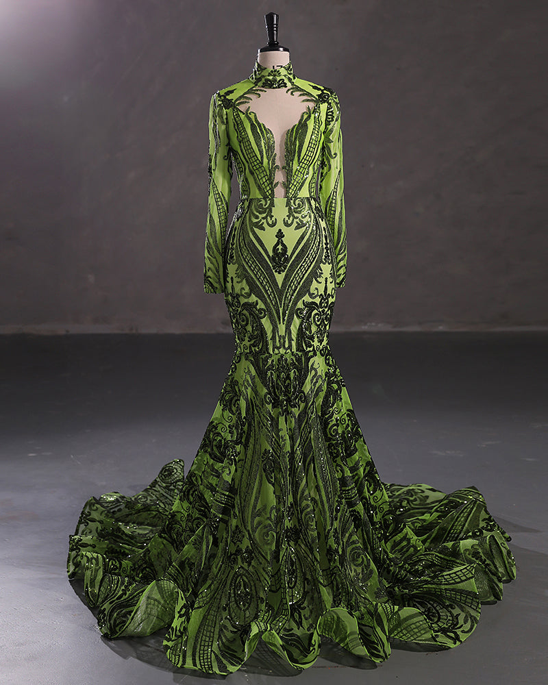 Elegant Long Mermaid High Neck Lace Sequined Evening Prom Dress with Sleeves-showprettydress