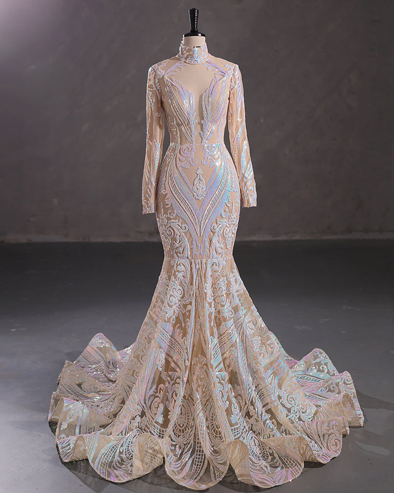 Elegant Long Mermaid High Neck Lace Sequined Evening Prom Dress with Sleeves-showprettydress