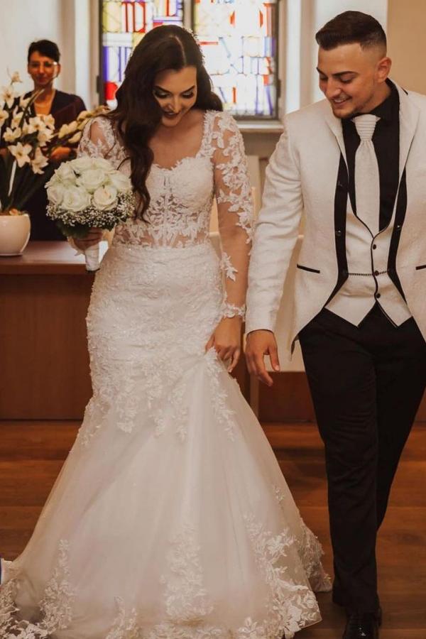 Elegant Long Mermaid Lace Open Back Wedding dresses with Sleeves-showprettydress