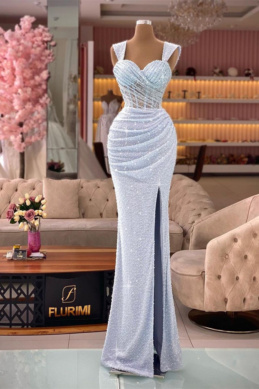 Stunning Long Mermaid Sweetheart Satin Sequins Prom Dress with Slit main image 0