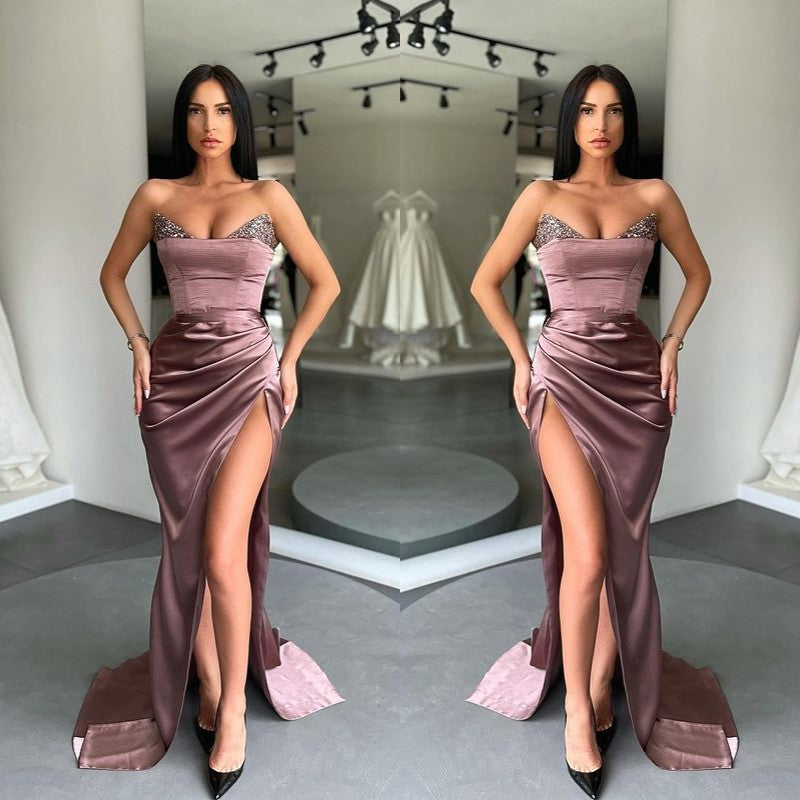 Elegant Long Mermaid Sweetheart Sequins Satin Prom Dress With Split-showprettydress