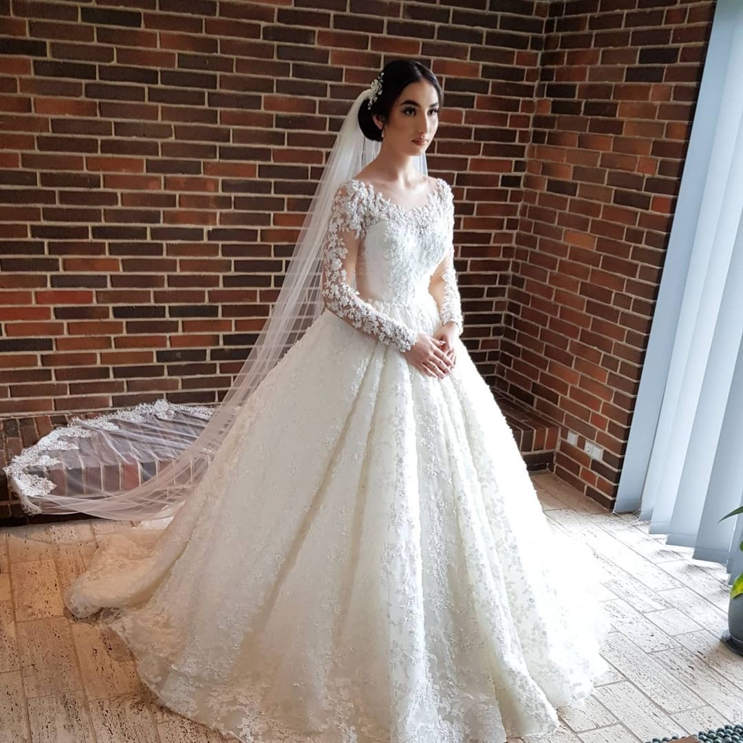 Elegant Long Princess Tulle Lace Wedding Dresses with Sleeves-showprettydress