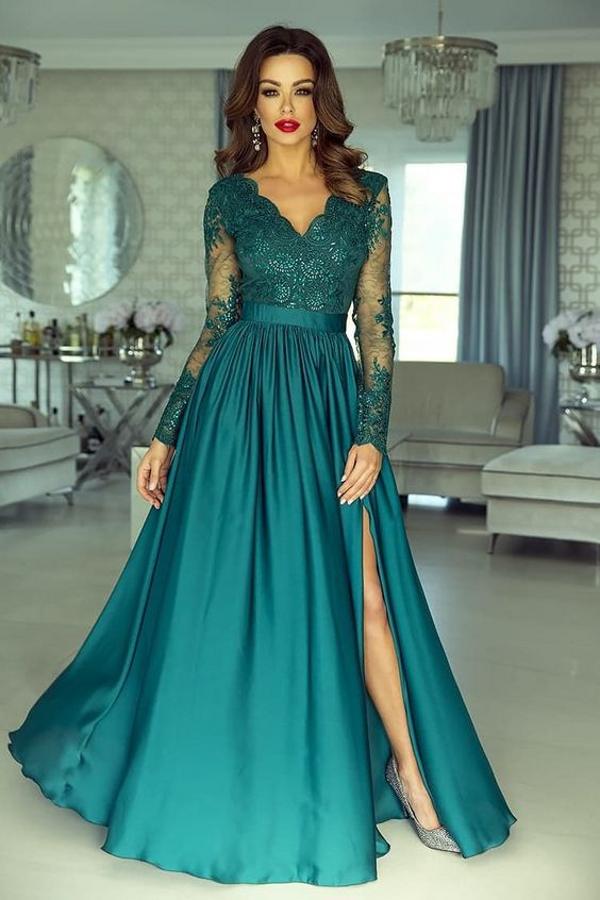 Elegant Long Sleeve Prom Dress Lace Appliques Long Evening Gowns With