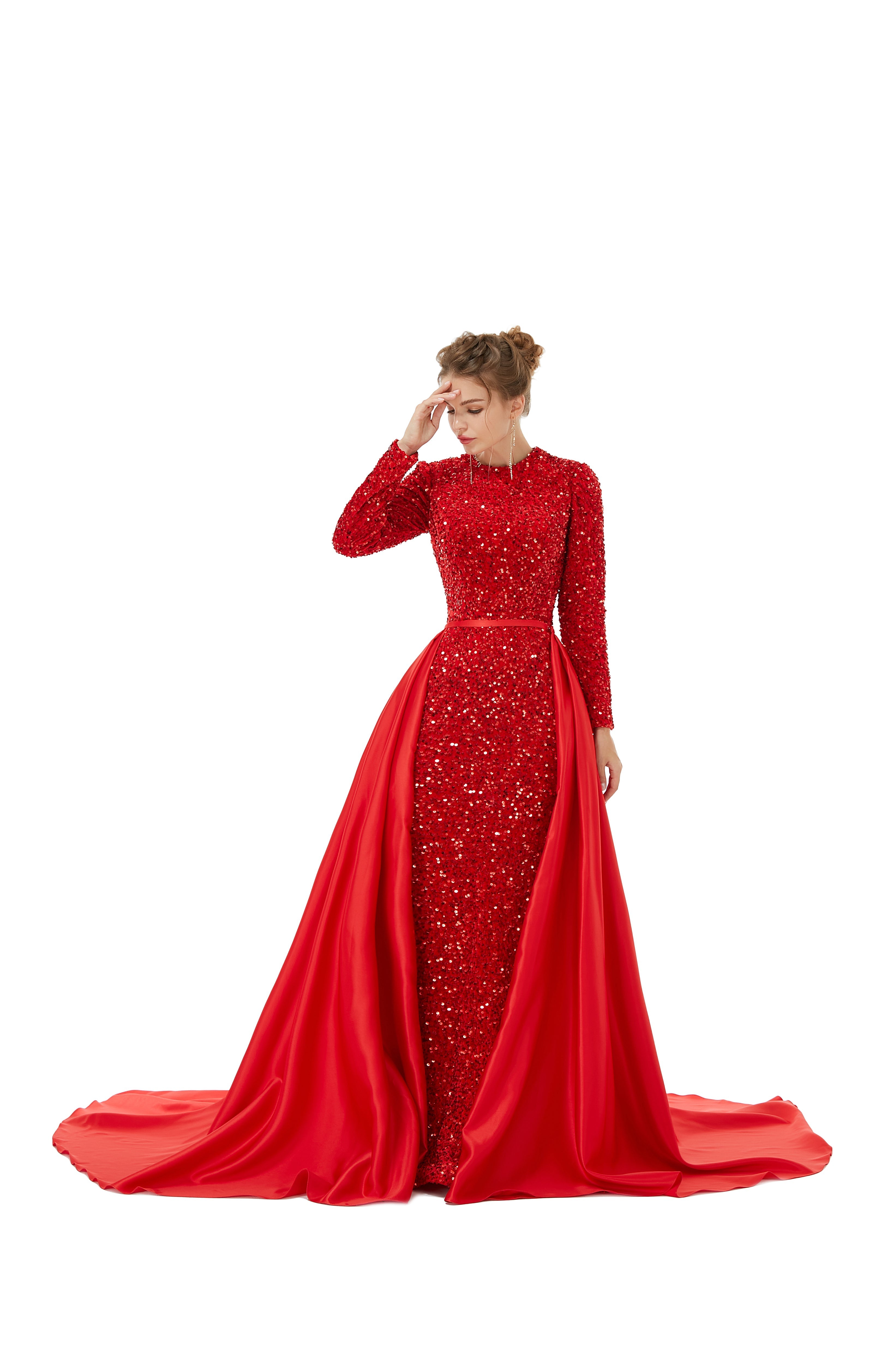 Elegant Long sleeve Sequin Evening Dress with Detachable Skirt-showprettydress