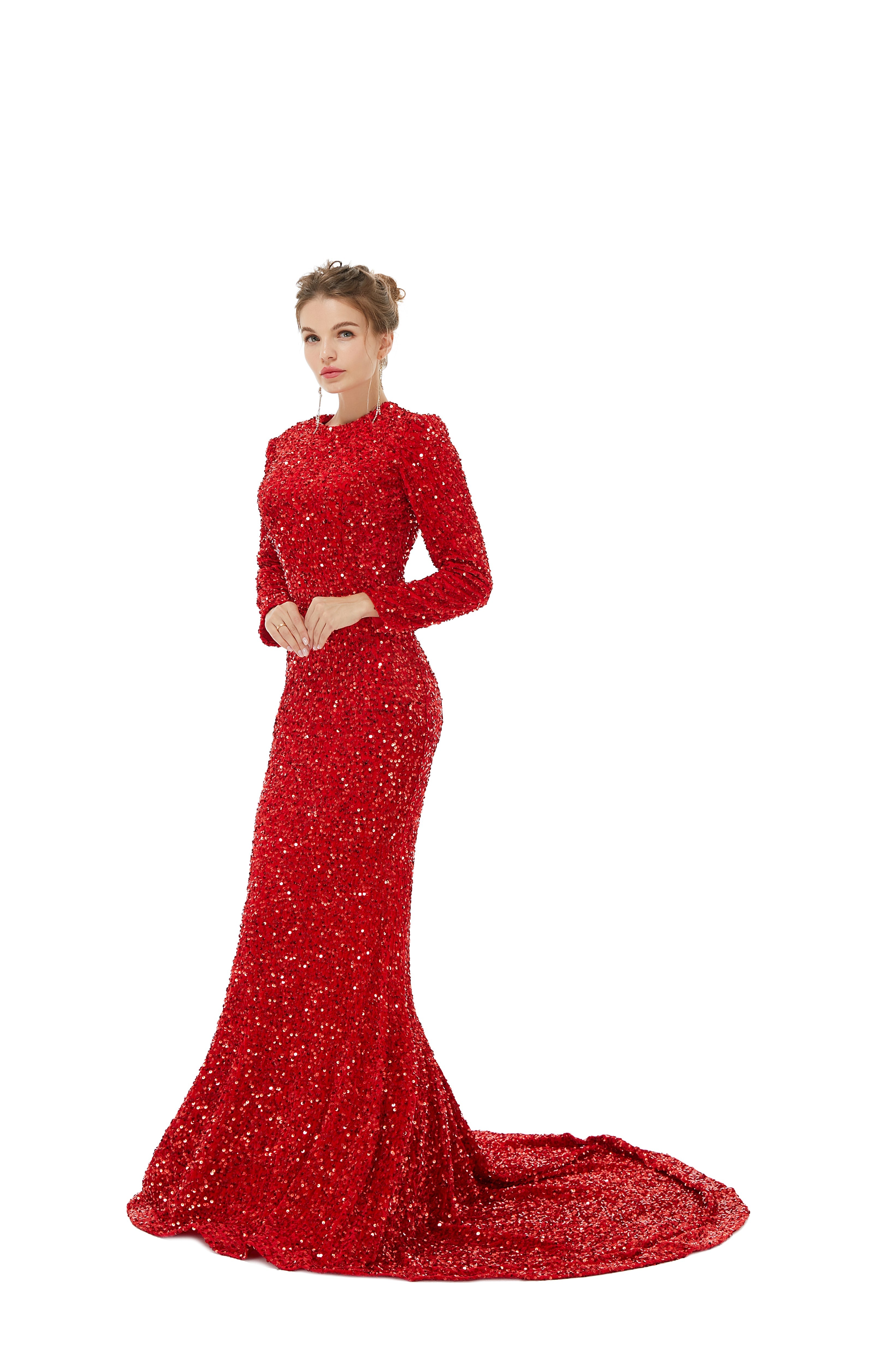 Elegant Long sleeve Sequin Evening Dress with Detachable Skirt-showprettydress