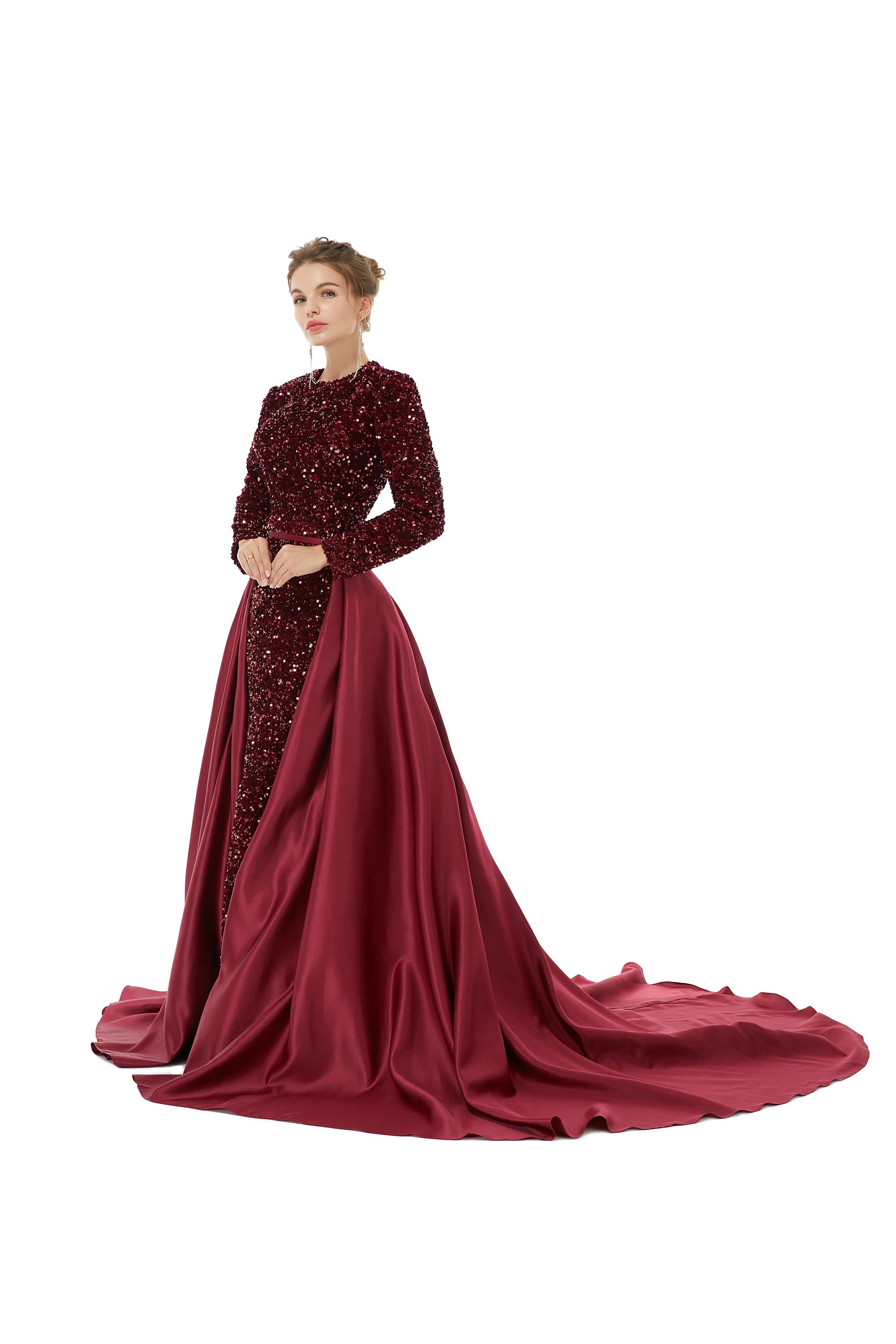 Elegant Long sleeve Sequin Evening Dress with Detachable Skirt-showprettydress