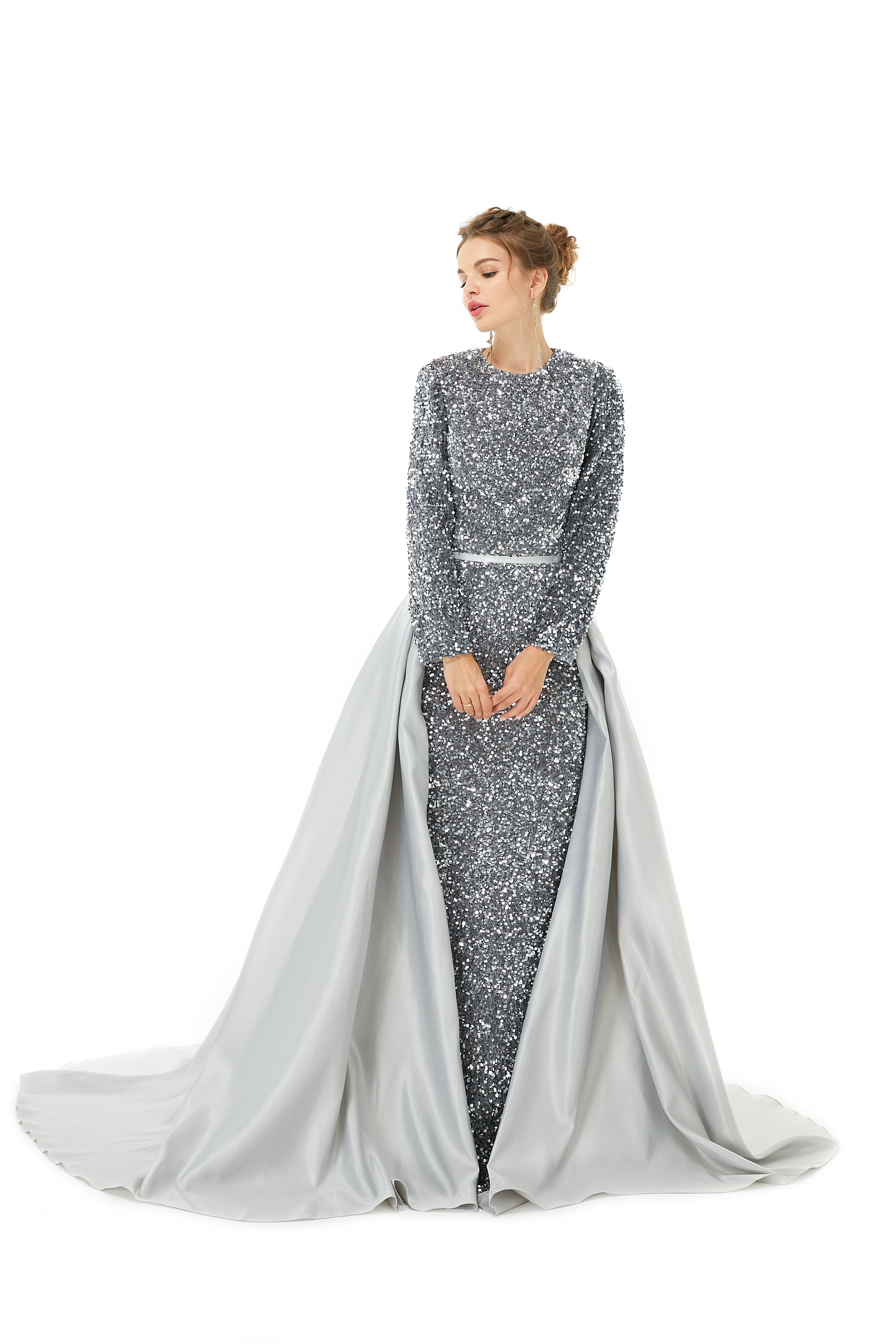 Elegant Long sleeve Sequin Evening Dress with Detachable Skirt-showprettydress