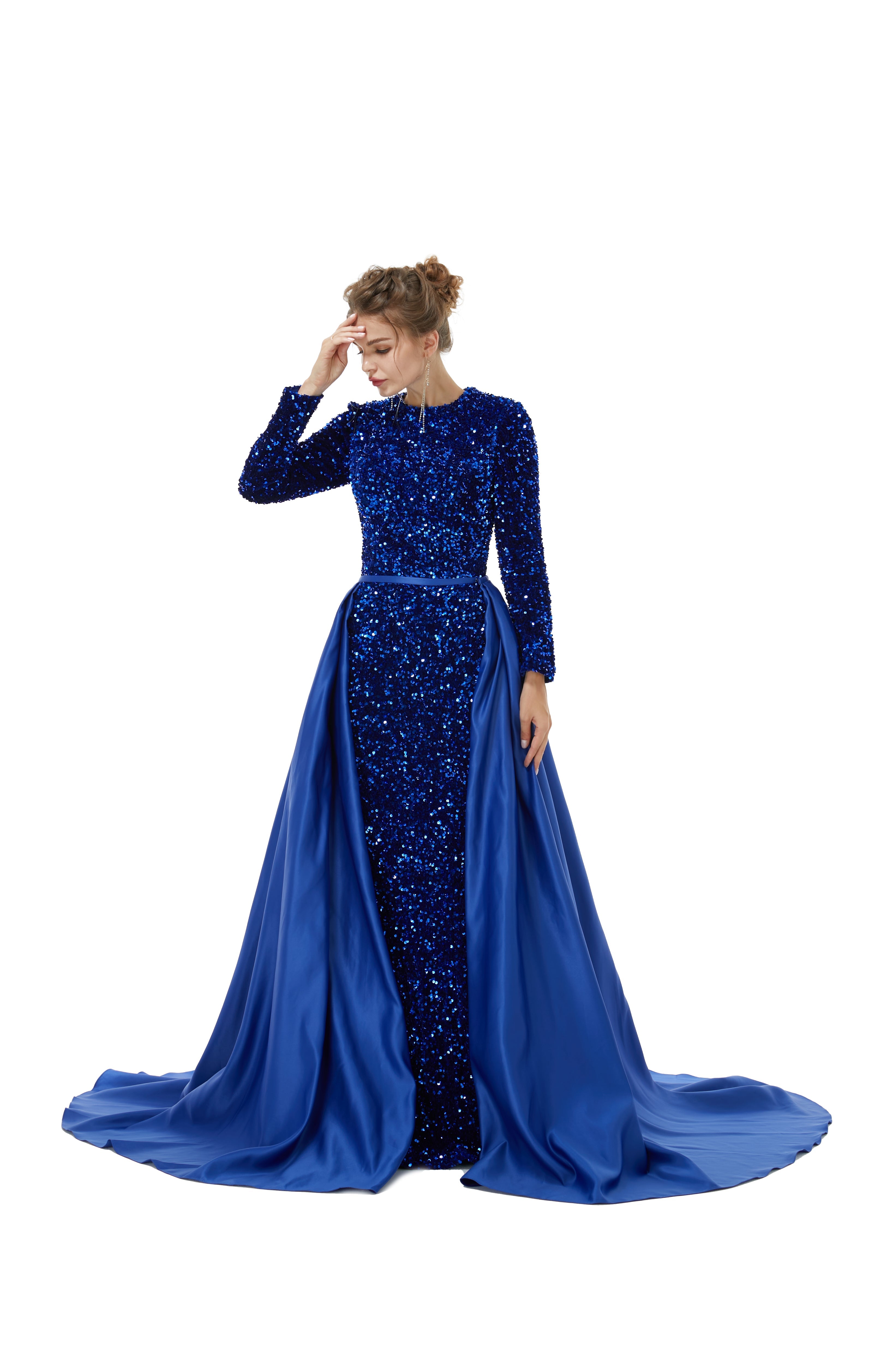 Elegant Long sleeve Sequin Evening Dress with Detachable Skirt-showprettydress