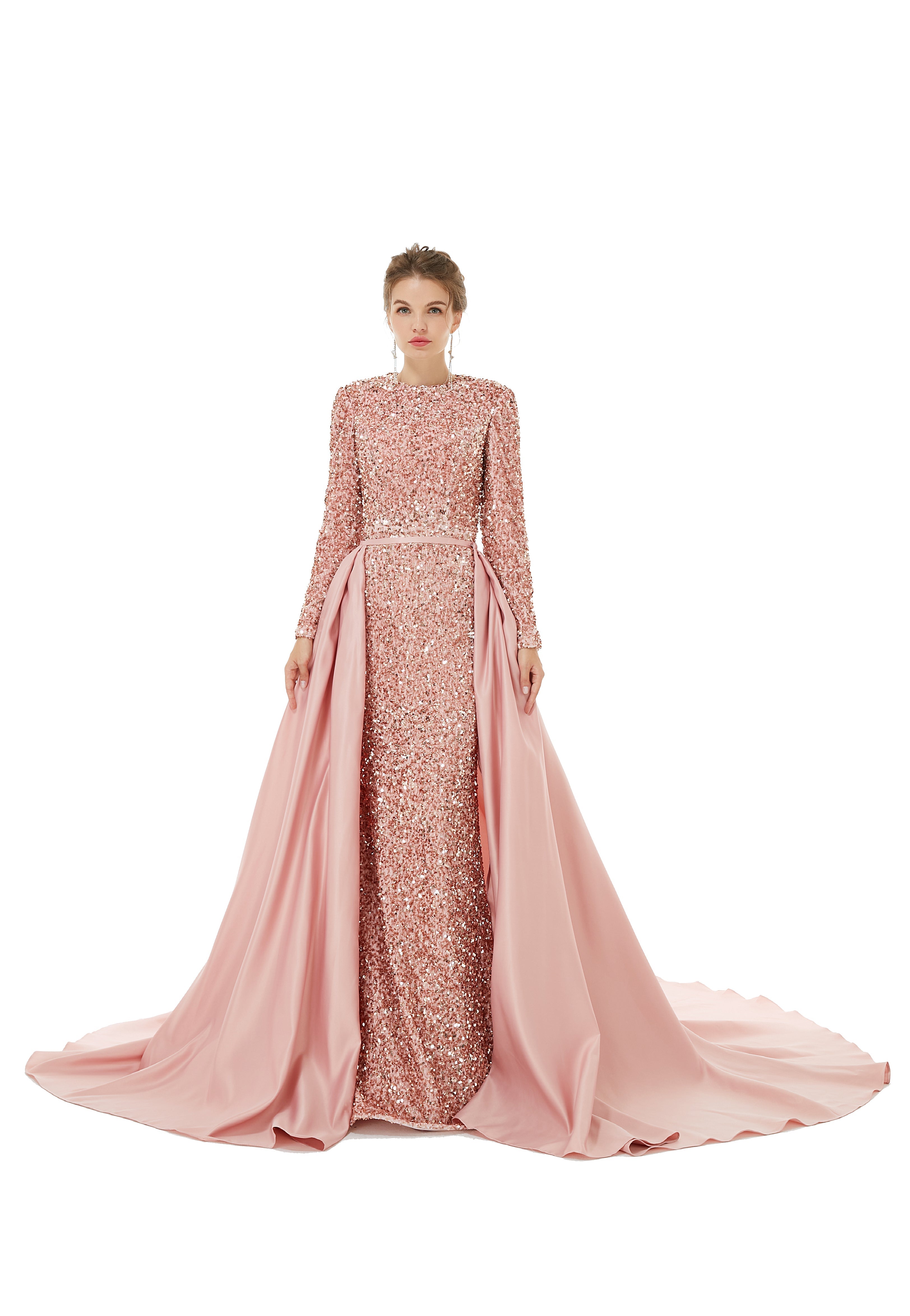 Elegant Long sleeve Sequin Evening Dress with Detachable Skirt-showprettydress