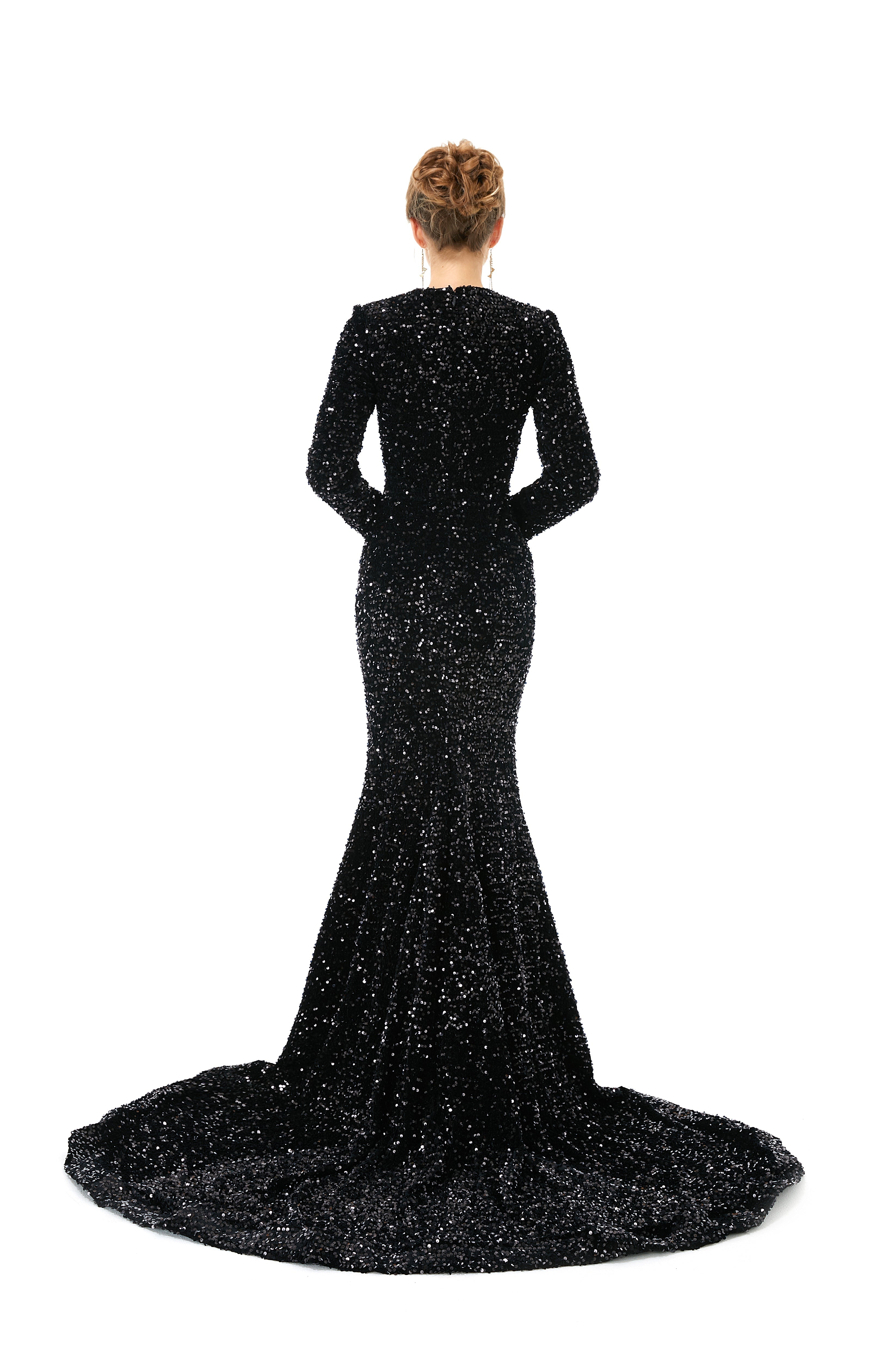 Elegant Long sleeve Sequin Evening Dress with Detachable Skirt-showprettydress