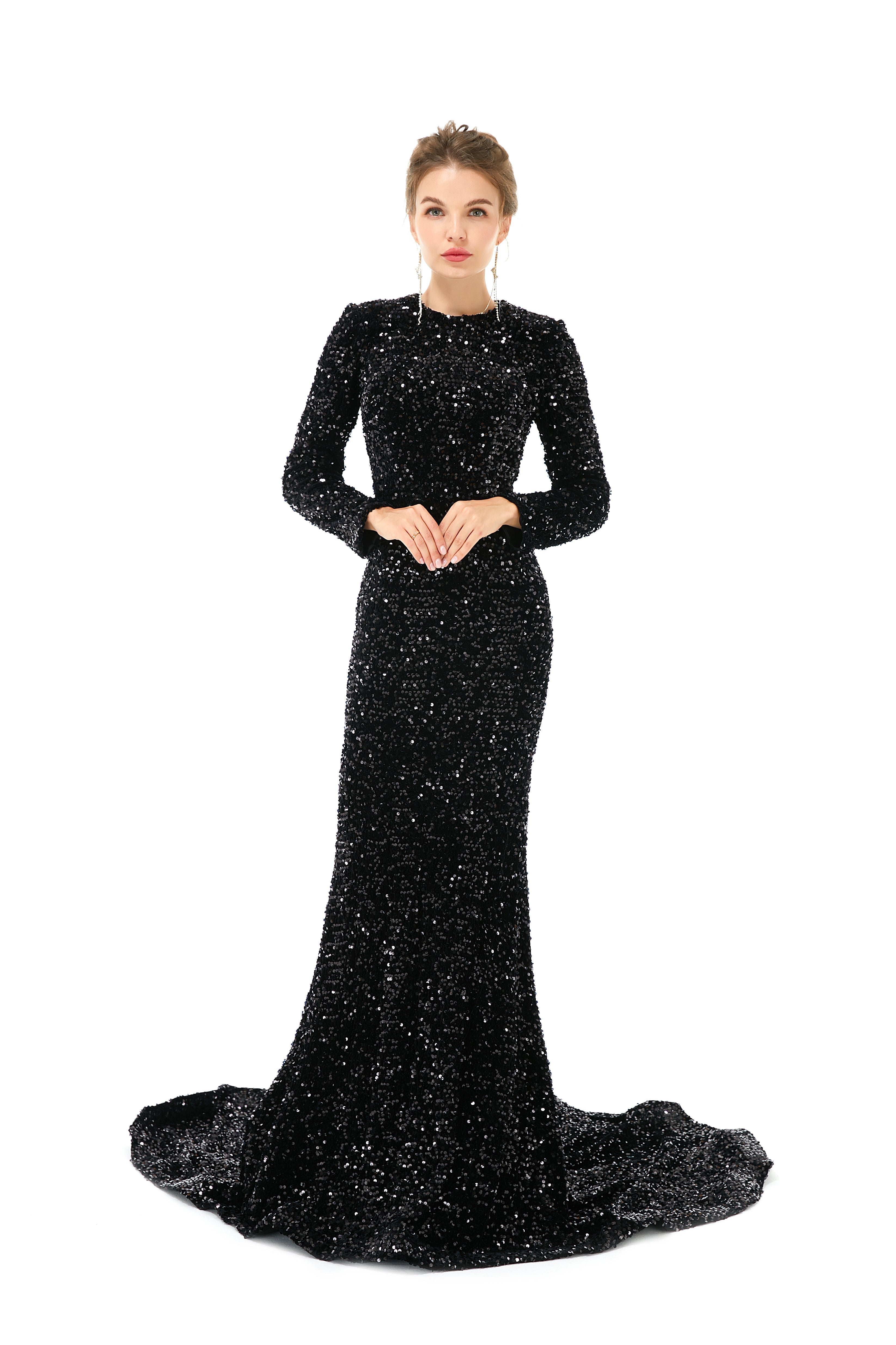 Elegant Long sleeve Sequin Evening Dress with Detachable Skirt-showprettydress