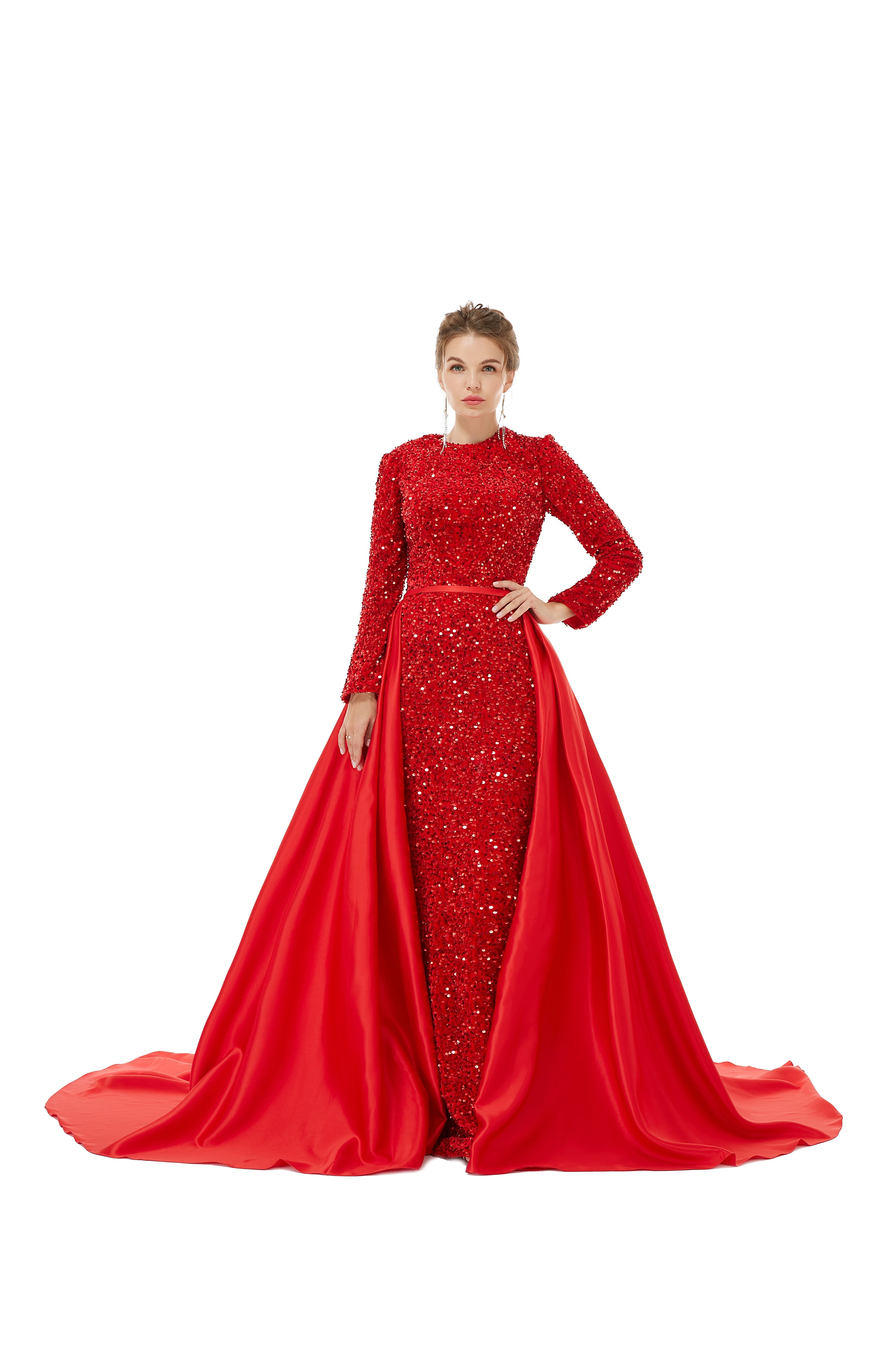 Elegant Long sleeve Sequin Evening Dress with Detachable Skirt-showprettydress