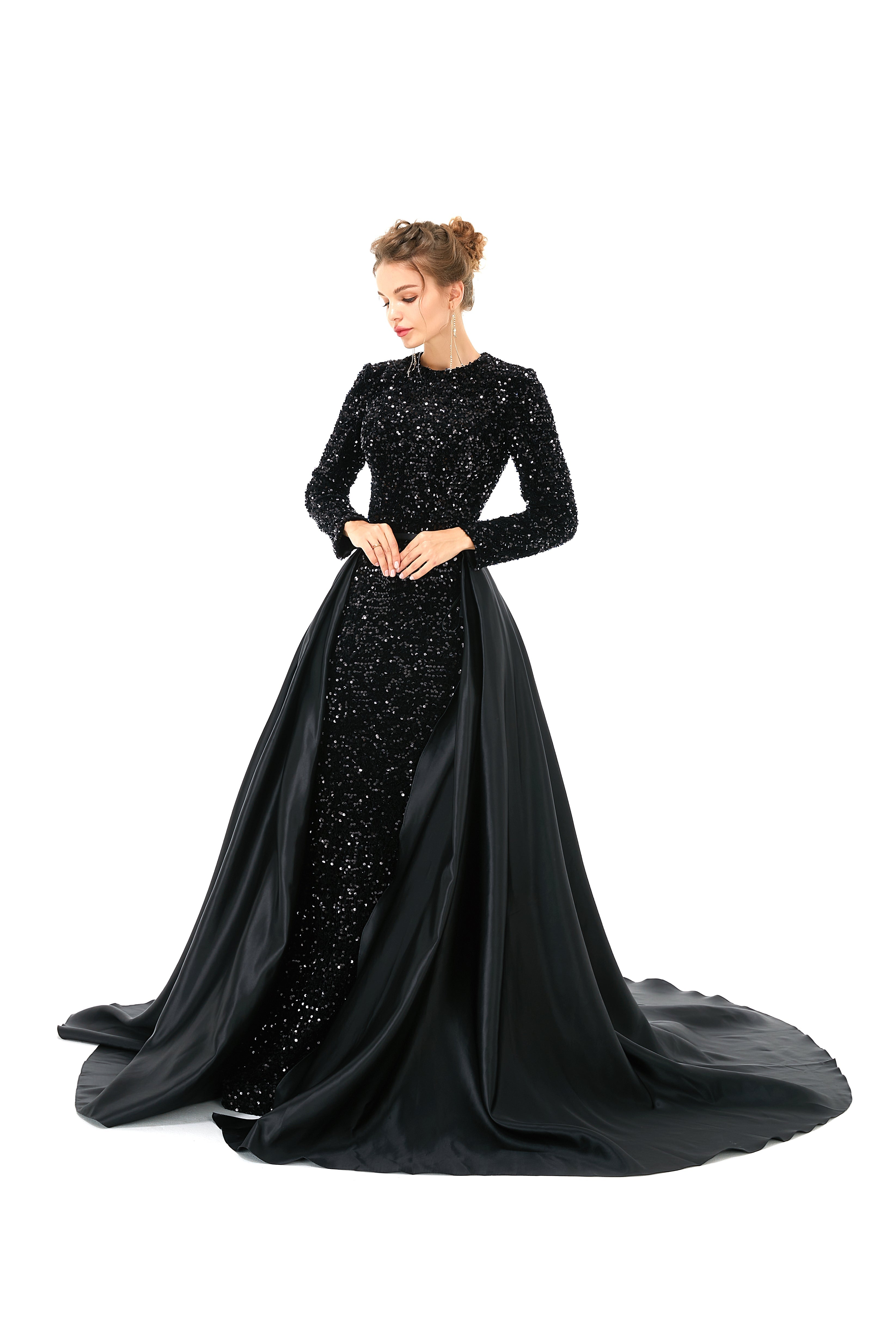 Elegant Long sleeve Sequin Evening Dress with Detachable Skirt-showprettydress