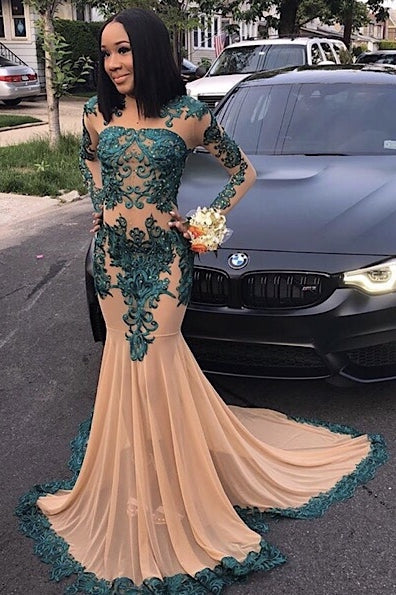 Elegant Long Sleeves Full Length Mermaid Prom Gown for Women with Train-showprettydress