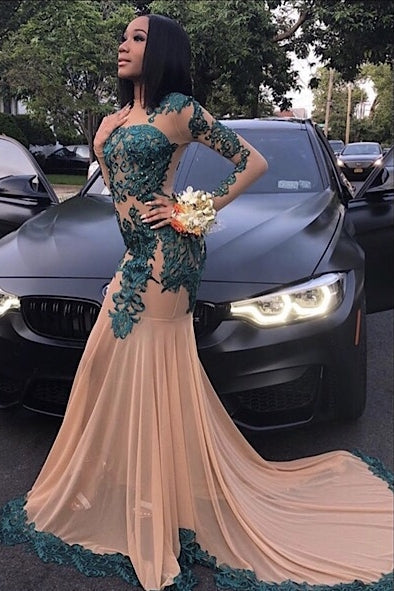 Elegant Long Sleeves Full Length Mermaid Prom Gown for Women with Train-showprettydress