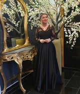 Elegant Long Sleevess Black V-neck Satin Lace Evening Dresses-showprettydress
