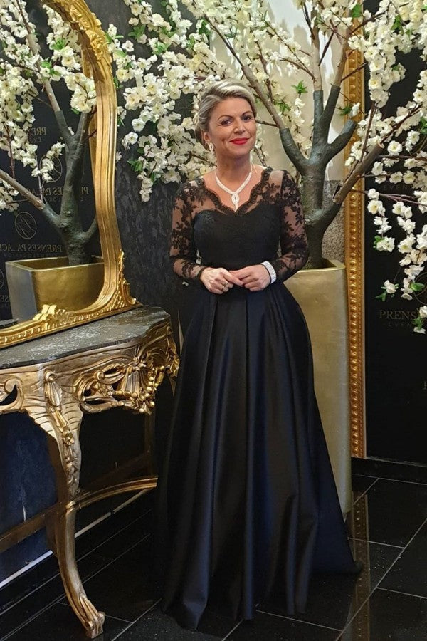 Elegant Long Sleevess Black V-neck Satin Lace Evening Dresses-showprettydress