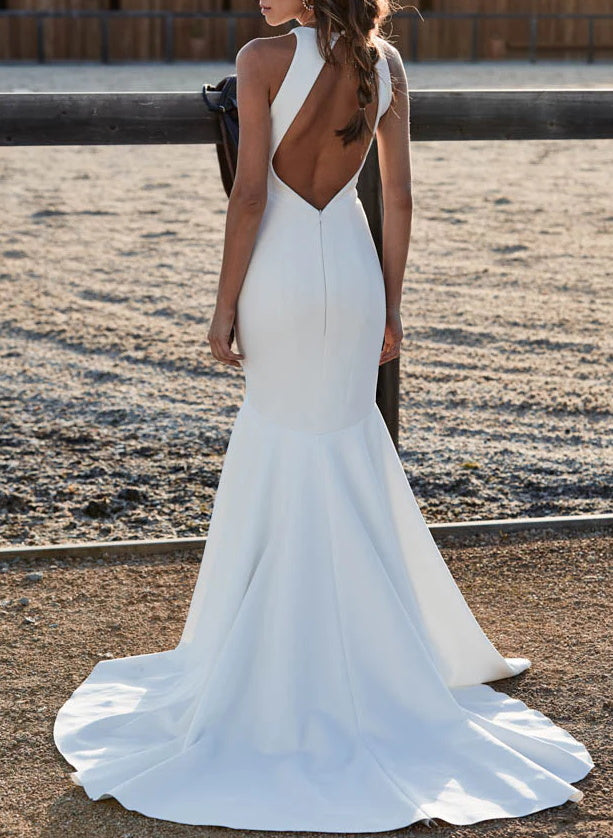 Elegant Mermaid Fitted Back Hole Wedding Dresses in Elastic Satin-Showprettydress