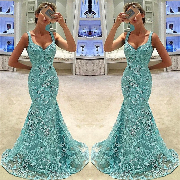 Elegant Mermaid Straps Appliques Sleeveless Floor-Length Prom Party Gowns-showprettydress