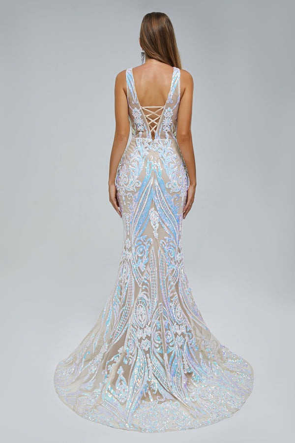 Elegant Mermaid V-neck Backless Lace Sequined Floor-length Long Sleeve Prom Dress-showprettydress