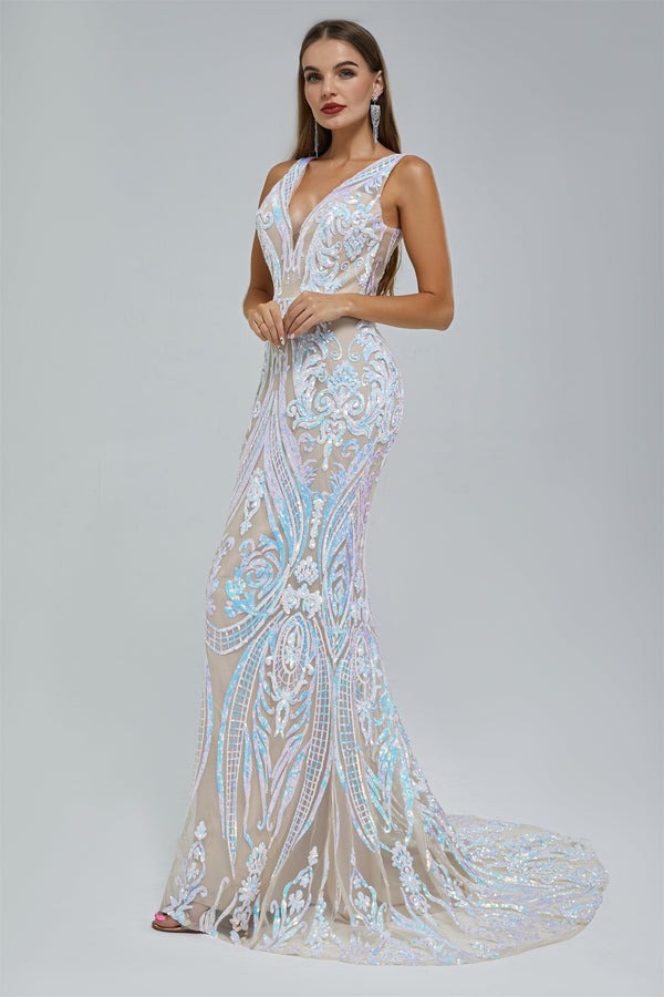 Elegant Mermaid V-neck Backless Lace Sequined Floor-length Long Sleeve Prom Dress-showprettydress