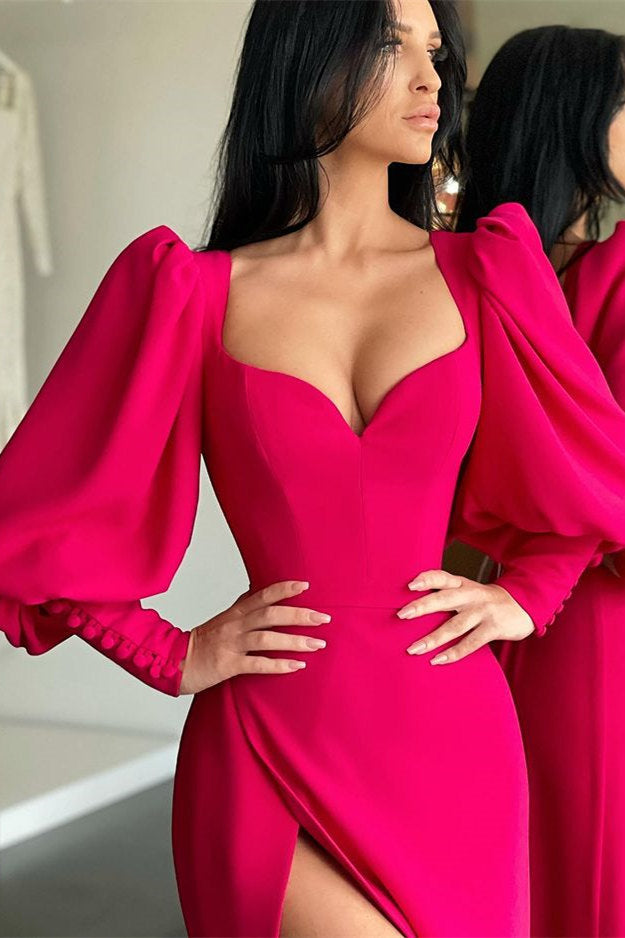Elegant Red Long Mermaid Sweetheart Bubble sleeves Prom Dress with Slit-showprettydress