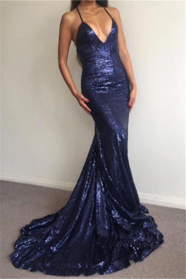 Elegant Sequins Deep V-Neck Prom Party Gowns| Backless Mermaid Chic Evening Gowns-showprettydress