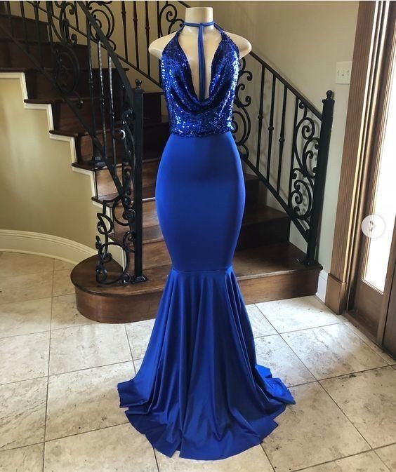 Elegant Sequins Halter Floor Length Mermaid Evening Dresses-showprettydress