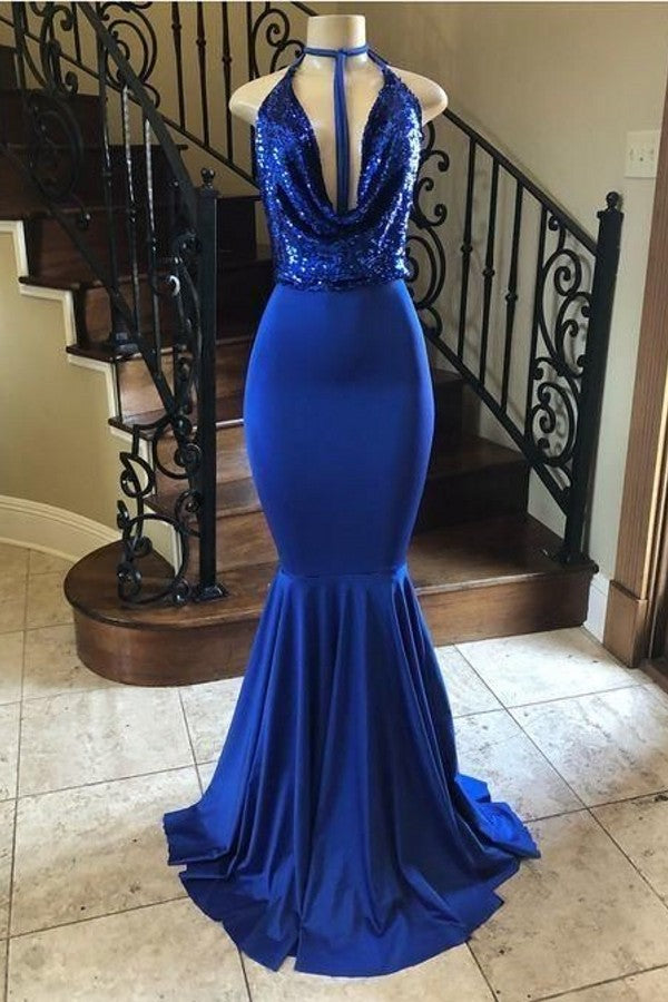 Elegant Sequins Halter Floor Length Mermaid Evening Dresses-showprettydress
