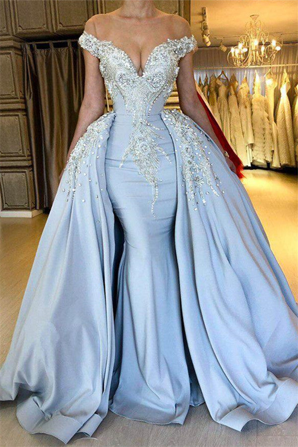 strapless open back dress Elegant Sky Blue Mermaid Off-the-Shoulder Prom Dresses Sweetheart Disc