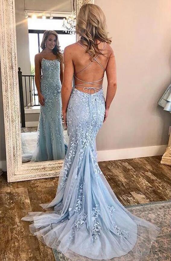 Elegant Sky Blue Spaghetti Strap Lace Applique Simple Long Prom Party Gowns-showprettydress