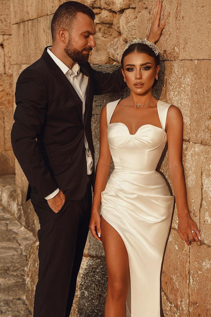 Elegant Sleeveless Straps Ivory High split Sweetheart Wedding Dresses-showprettydress