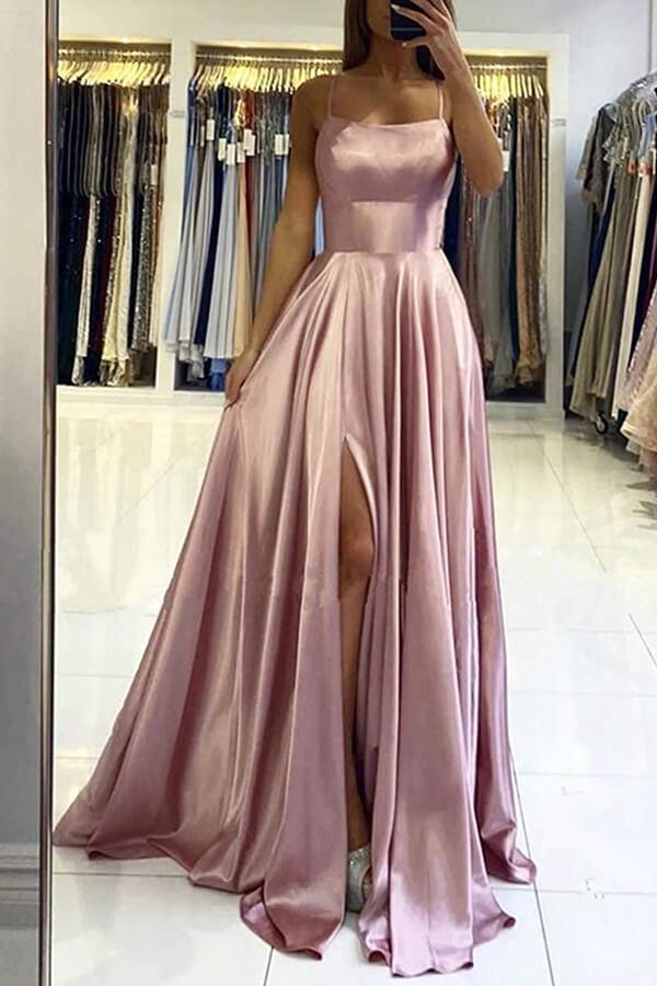 Elegant Spaghetti-Straps Long Prom Dress With Split-showprettydress