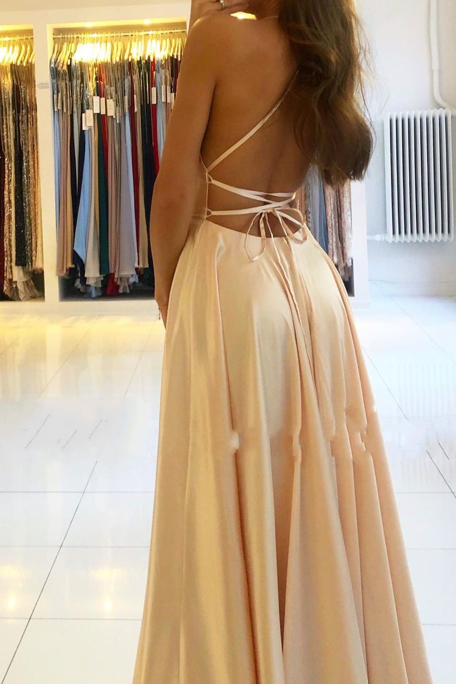 Elegant Spaghetti-Straps Long Prom Dress With Split-showprettydress