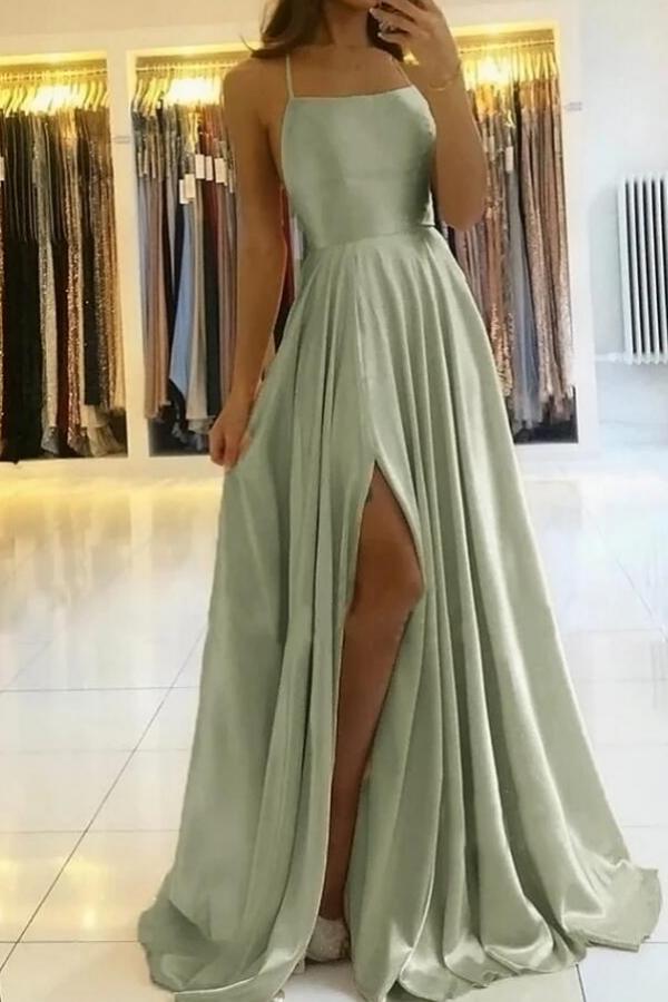 Elegant Spaghetti-Straps Long Prom Dress With Split-showprettydress
