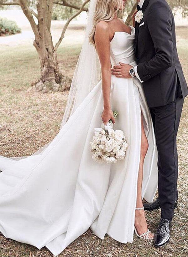 Elegant Sweetheart Satin Sweep Train Wedding Dresses Split Front-Showprettydress